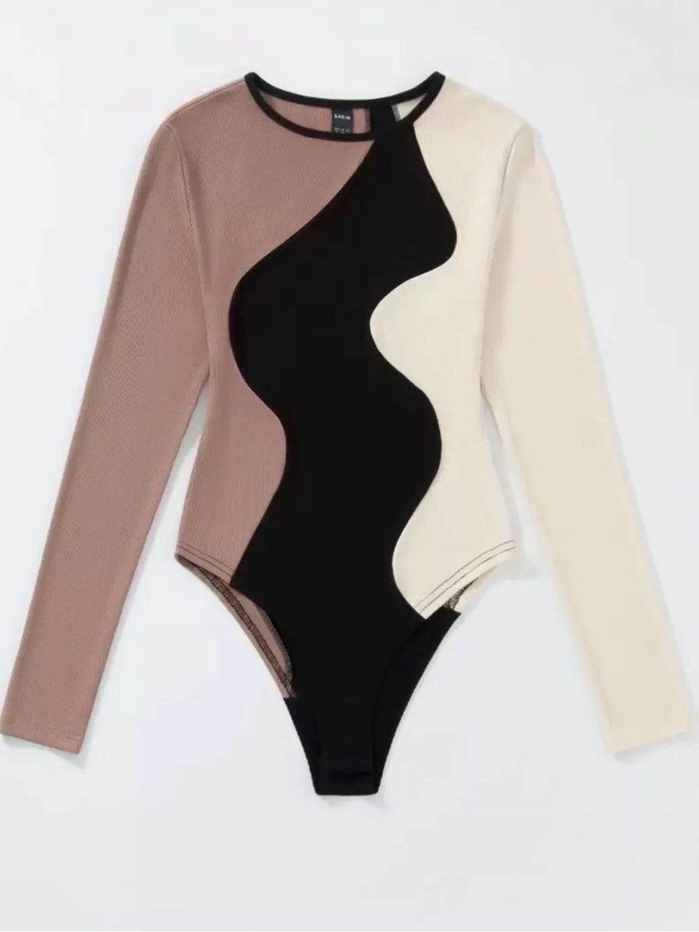 SHEIN Black, Beige, Cream Long-Sleeve Colorblock Rib-Knit Bodysuit